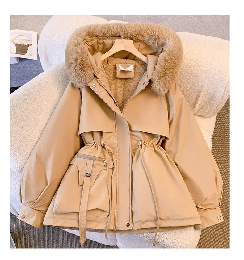 Fur Hooded Women Thick Parkas Zipper Autumn Coats Elastic Waist Midi Jackets Pockets Coats Elegant Coat Warm Winter 2024