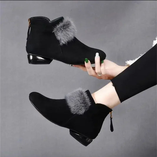 Shoes for Women Winter Plush Warm Women's Boots Low Heel Non-slip Commuter Office Ladies Shoes Fashion Zipper Short Boots