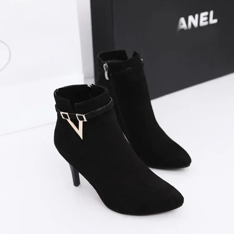 Botas de tacón fino de aguja con punta puntiaguda de piel sintética con cremallera, sexys, hasta el tobillo, para mujer, tacones altos rojos de 9 cm, para primavera y otoño, talla 40