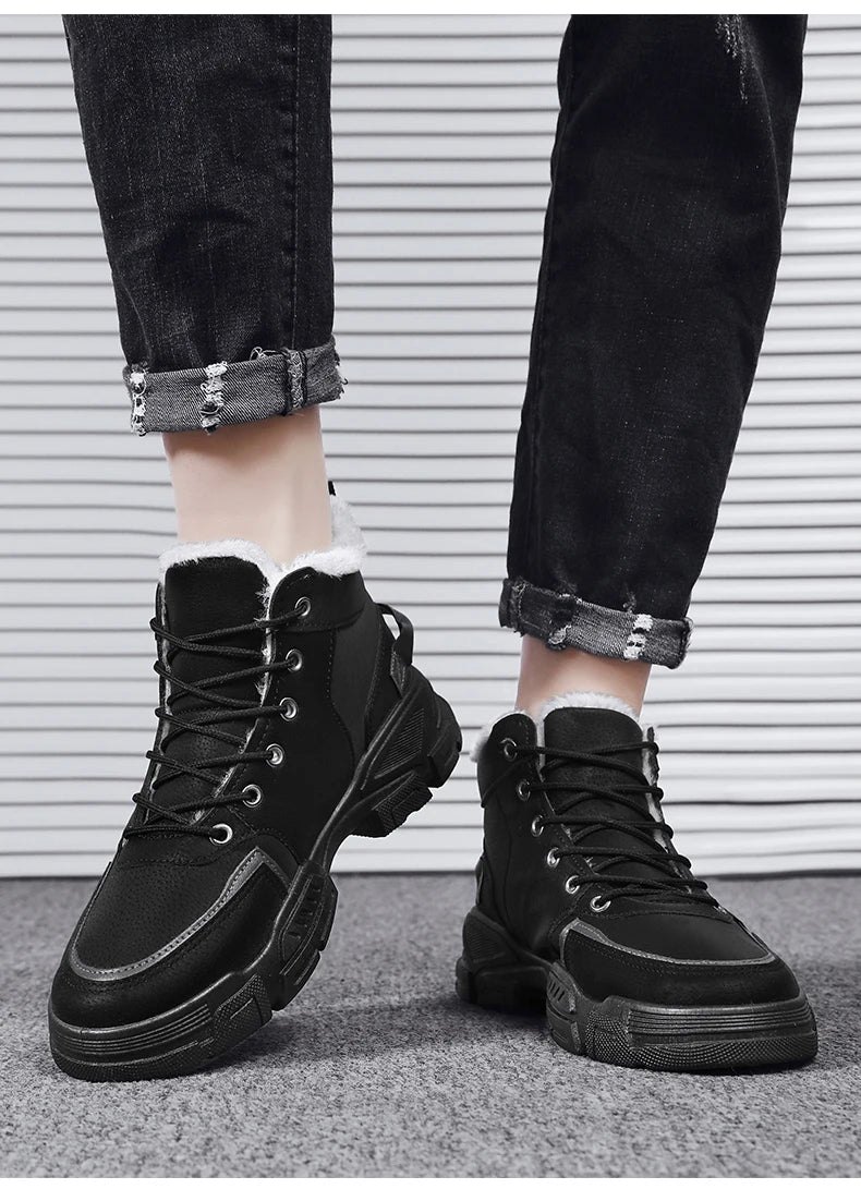 Botas nuevas para hombre, de invierno, de felpa, para la nieve, estilo casual, para exteriores, con cordones, cálidas, antideslizantes, hasta el tobillo.