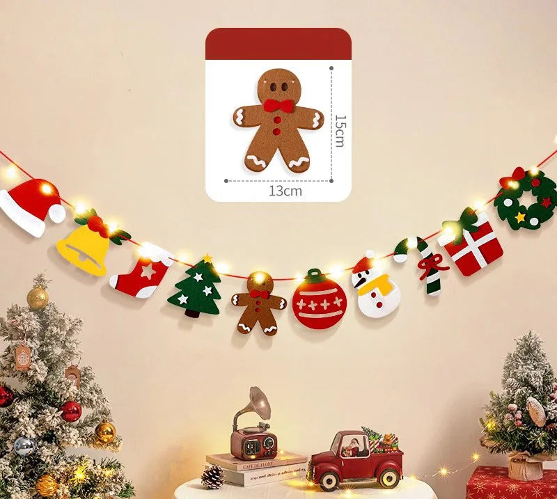 DIY Handmade Pull Flag Banner with LED Light String Merry Christmas Holiday Ornaments Home Room Background Christmas Decoration