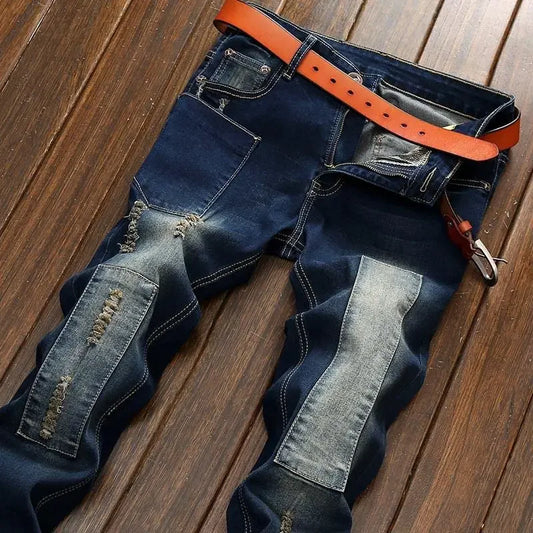 Harajuku Fashion Korean Style 2023 Latest Blue Jeans with Hip-hop Distressed Holes Patchwork for Men Casual Vintage Trousers
