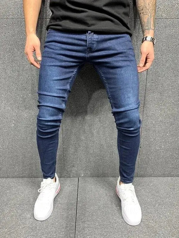 Men Jeans Denim Pencil Pants Sheath Ankle Length Washing Solid Slim Pockets Slight Strech Mid Waist High Street Y2k Streetwear