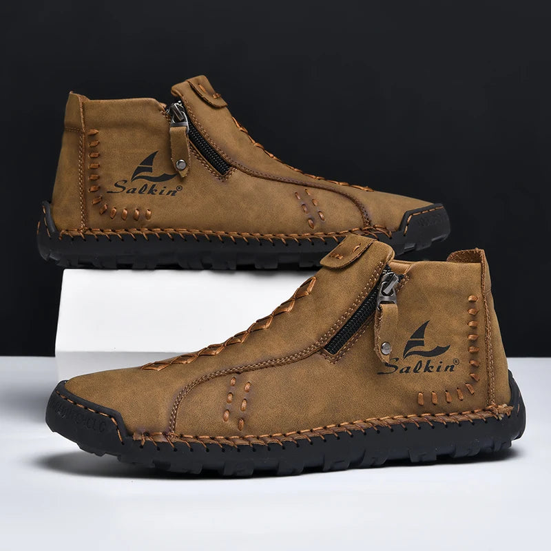 Nuevas botas de invierno hechas a mano en piel para hombre, con diseño de cremallera, transpirables, informales, de piel, botines para hombre, para exteriores