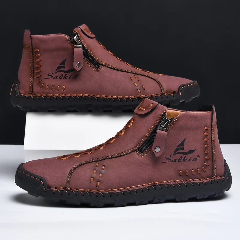Nuevas botas de invierno hechas a mano en piel para hombre, con diseño de cremallera, transpirables, informales, de piel, botines para hombre, para exteriores