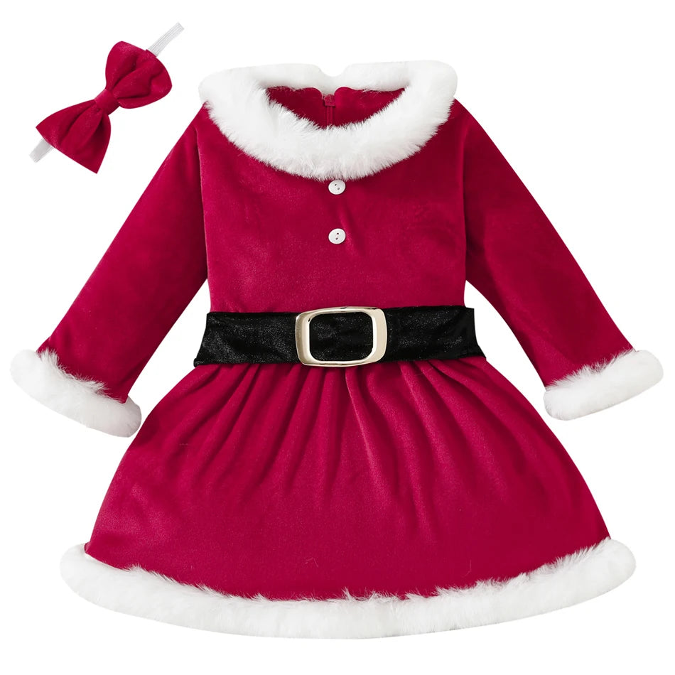 Children Christmas Party Dress Velvety with Fluffy Trim Hooded V-Neck Xmas Gown with Waist Bow Girl Red Christmas Dress