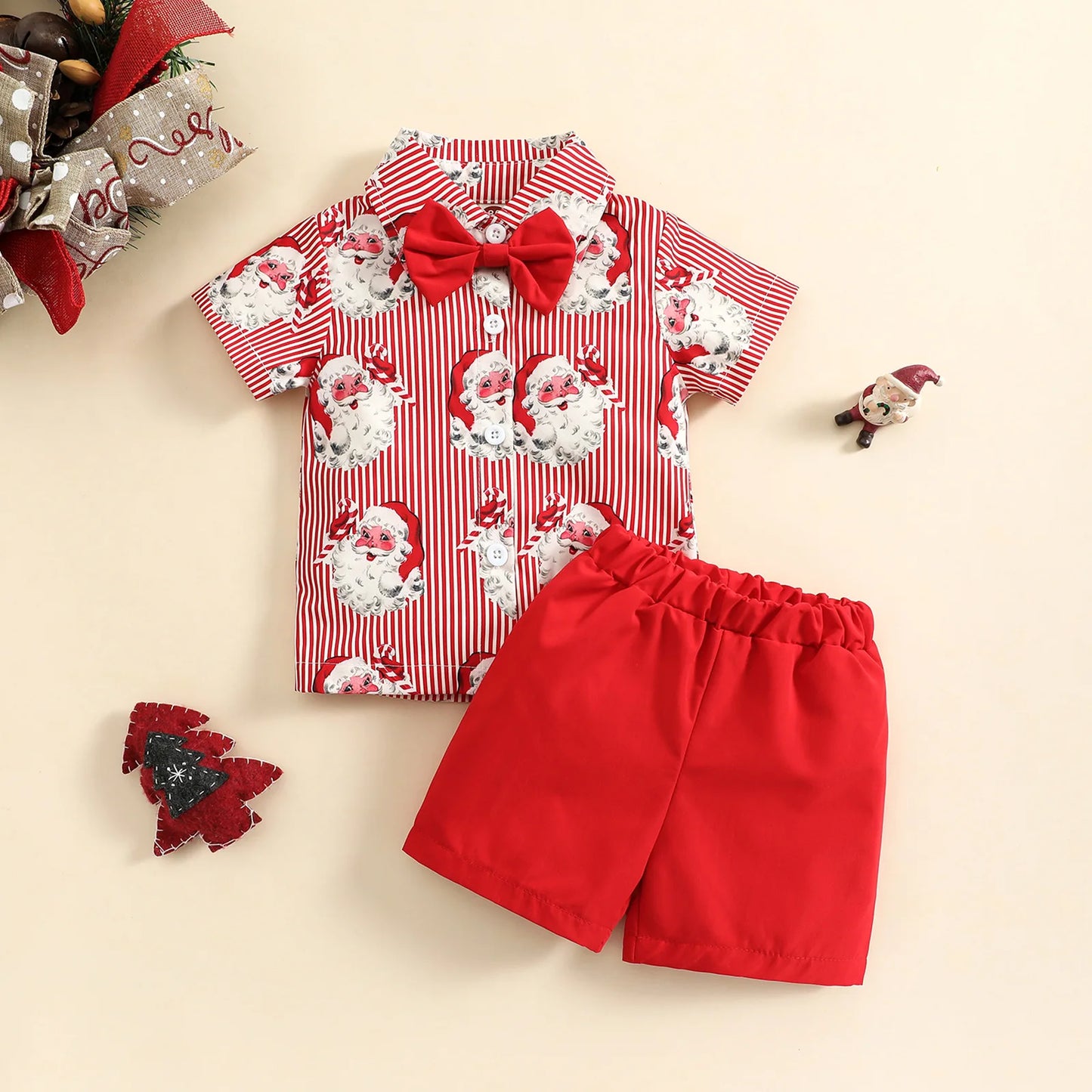 Ceeniu 1-5Y New Year Costume For Boy Christmas Outfit Santa Deer Printed Necktie Shirts and Red Pants Children Christmas Clothes