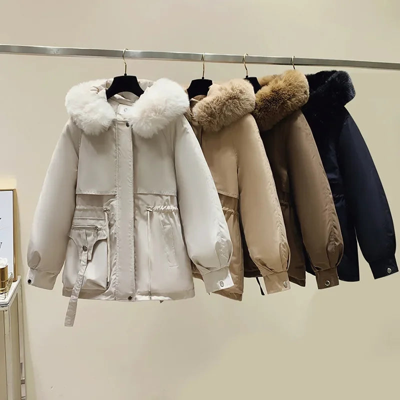 Fur Hooded Women Thick Parkas Zipper Autumn Coats Elastic Waist Midi Jackets Pockets Coats Elegant Coat Warm Winter 2024