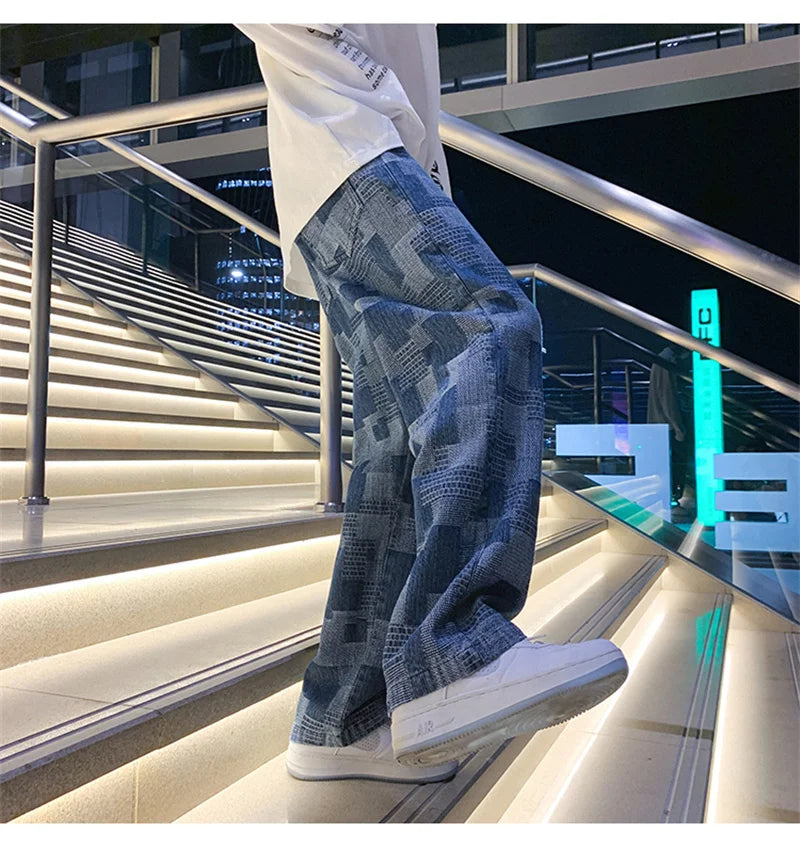 Autumn Blue Black Plaid Jeans For Men Y2K Vintage Wide-leg Jean High Street Loose Straight Denim Trousers Hip Hop Pantalones