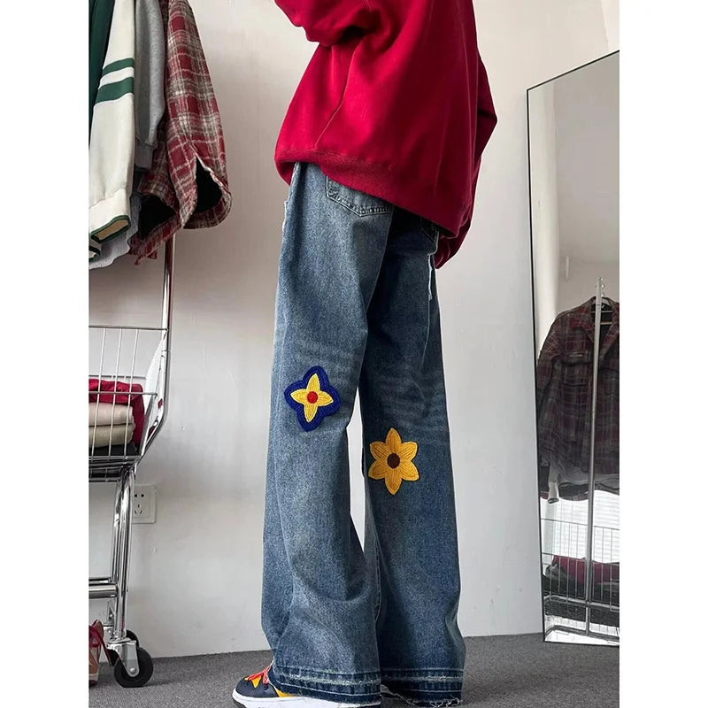 Autumn Y2K Vintage Flower Embroidery Jeans For Men Hip Hop Fashion Baggy Denim Pants Women's Streetwear Blue Straight Jean