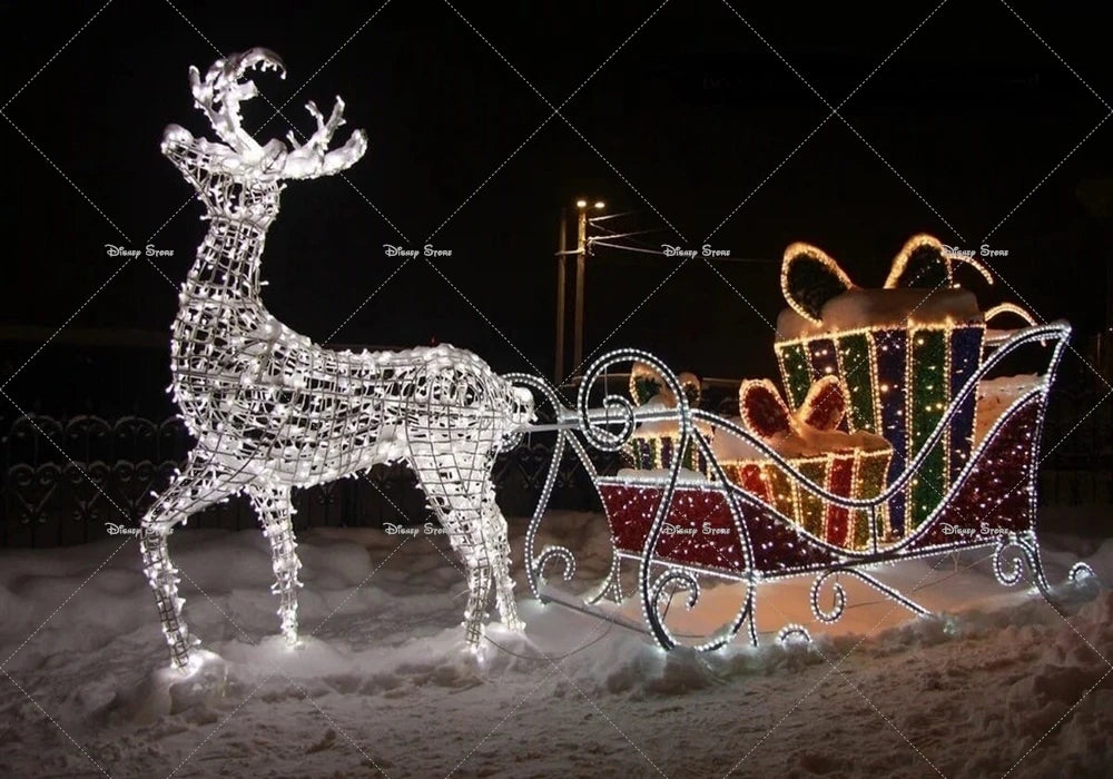 Christmas Reindeer Sleigh Painting Banner Night Elk Lights Christmas Party Photo Home Decoration Photography Background Studio