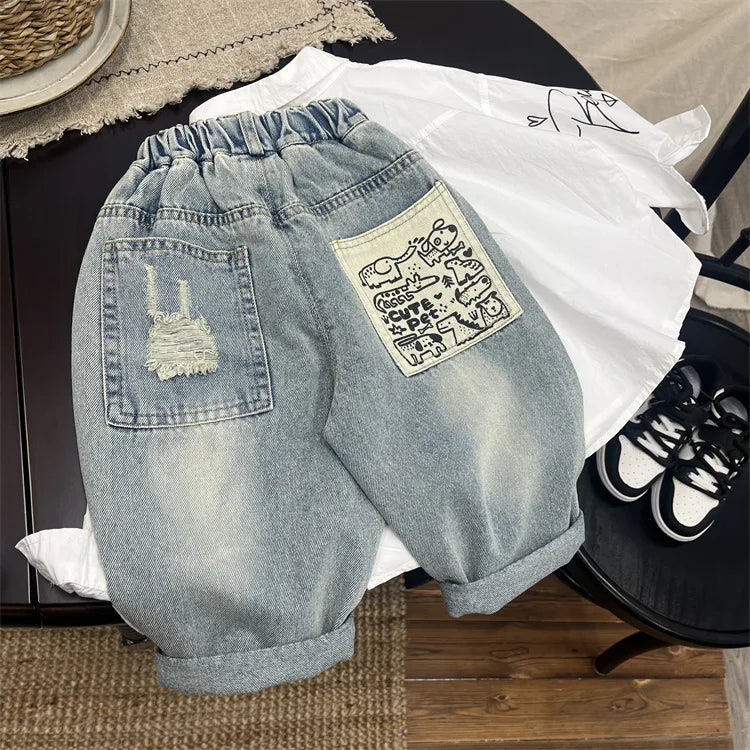 Boys Jean Pants Long Trousers Denim 2024 Blue Spring Autumn Baby's Kids Sport Teenagers Birthday Christmas Gift Children's Cloth