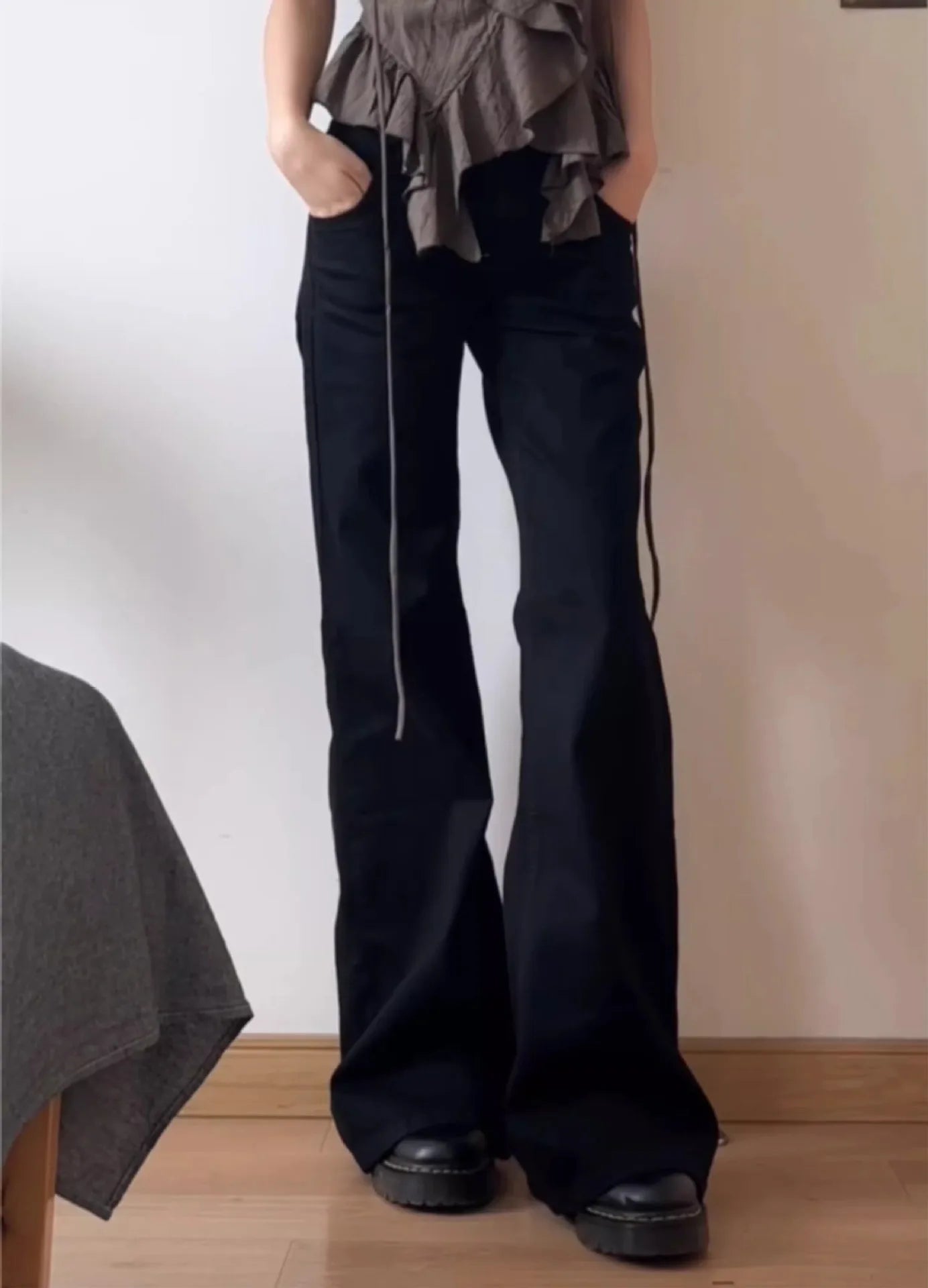 Vaqueros de talla grande estilo americano con cintura baja, anchos y micro acampanados para mujer, corte holgado, versátil y recto, para principios de otoño