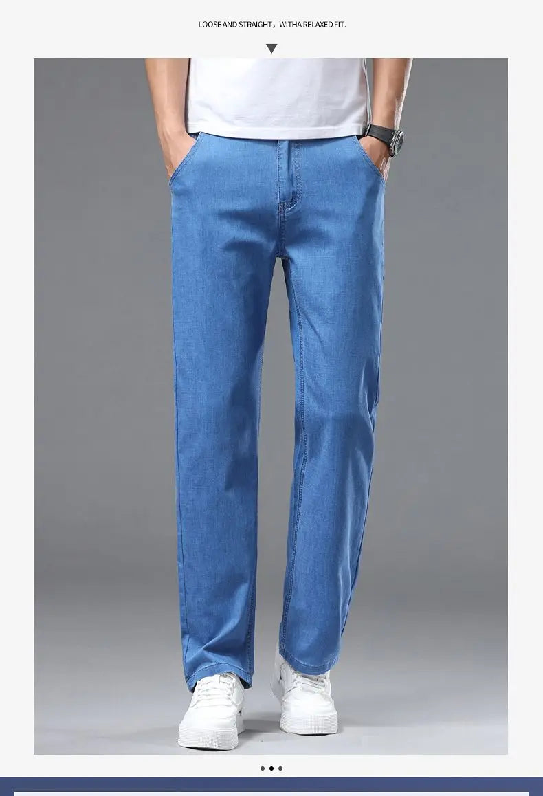 Spring Summer Business Jeans Men Light Blue Casual Straight Stretch Fashion Classic Work Denim Trousers Brand Clothing