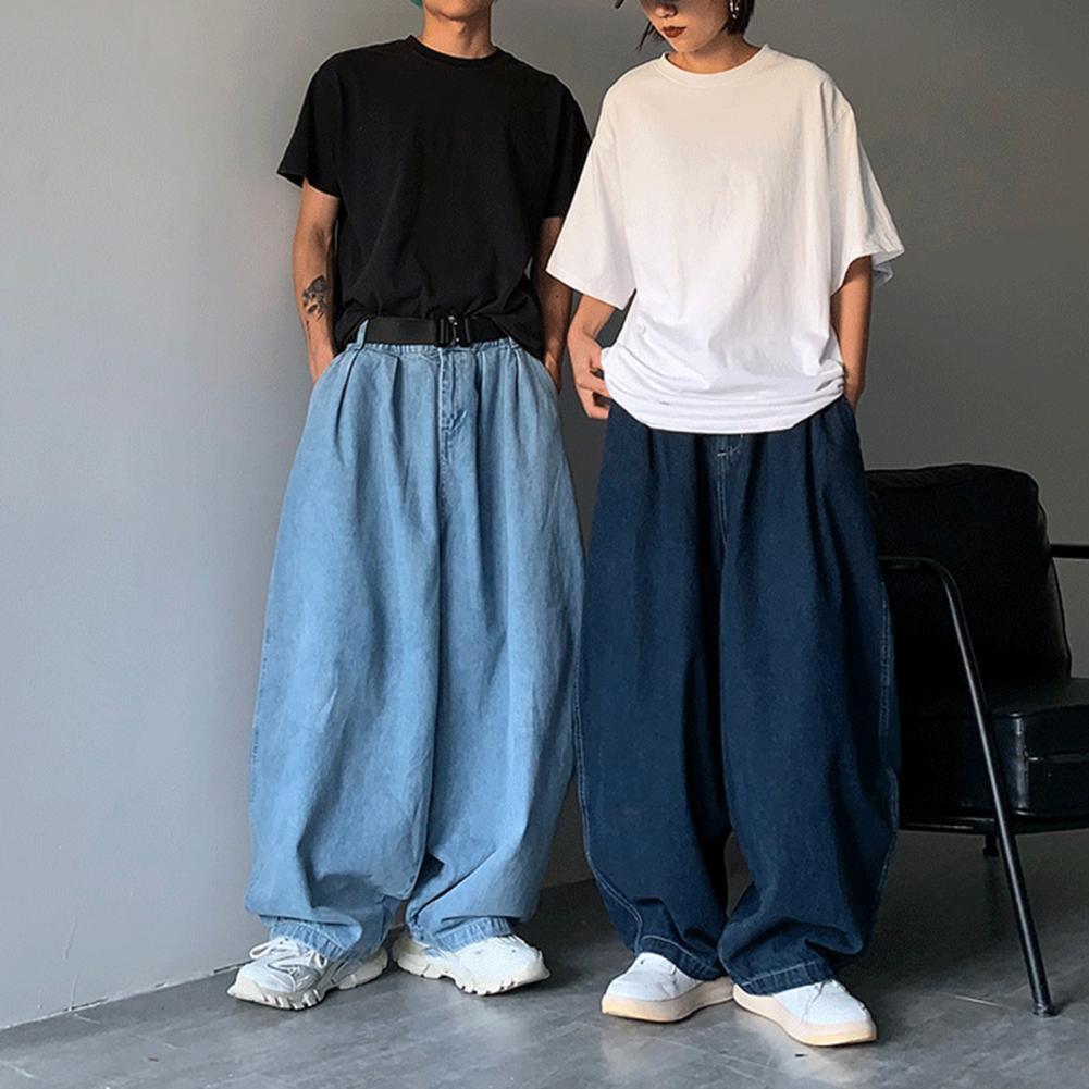 Pantalones vaqueros de tiro medio para hombre, cintura elástica, bolsillos, color liso, holgados, pierna ancha, ropa de calle