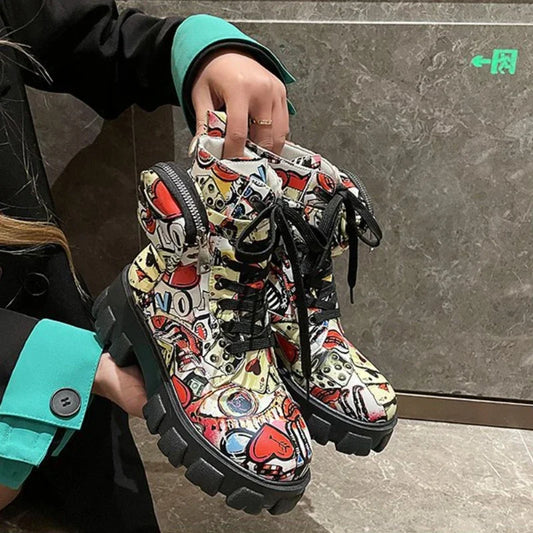 Thick-soled Women's Ankle Boots Fashion Printed Women Shoes High Quality Non-slip Motorcycle Boots New Gothic Style Women Boots