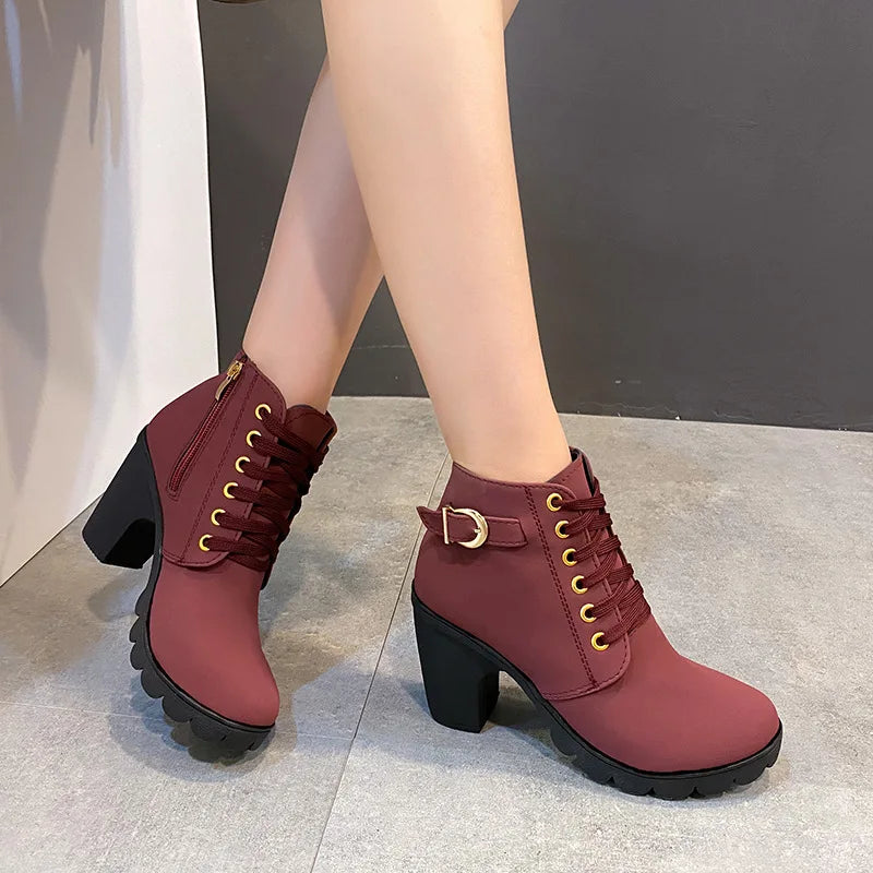 Women Boots Lace Up Ankle Boots Spring Fashion Outdoor Pumps Boots Black Buckle High Heel Boot Plus Size Platform Women Shoes