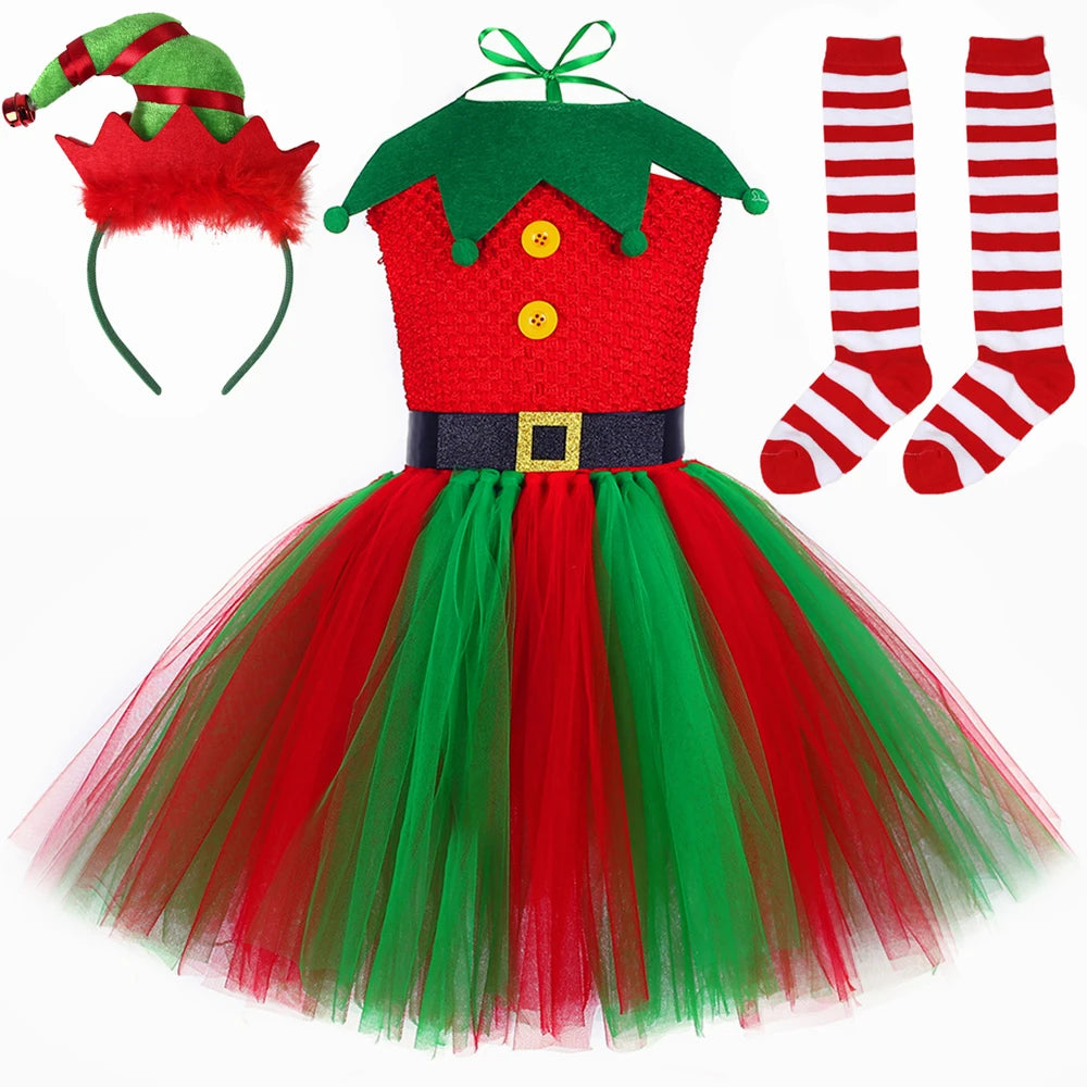 Christmas Elf Costume for Girls Xmas Holiday Party Tulle Dress Up Clothes Toddler Kids Red Green Elf Tutu Princess Dress Outfit