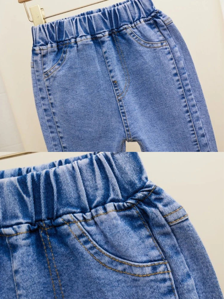 2-12 Year Old Girls Jeans Fashion Lace Elastic Denim Flared Pants Spring Autumn Solid Color Trousers Teenager Kids Girl Clothing