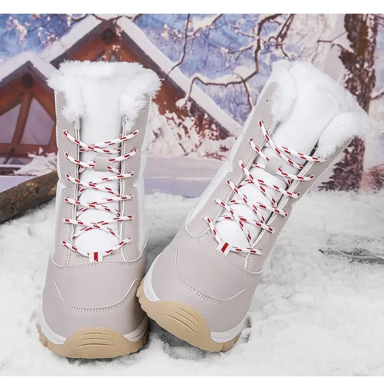 Winter Women's Waterproof High Heel Boots Strap Up Flat Heel Boots Warm Snow Shoes, Plush Outdoor Fashion Casual Boots