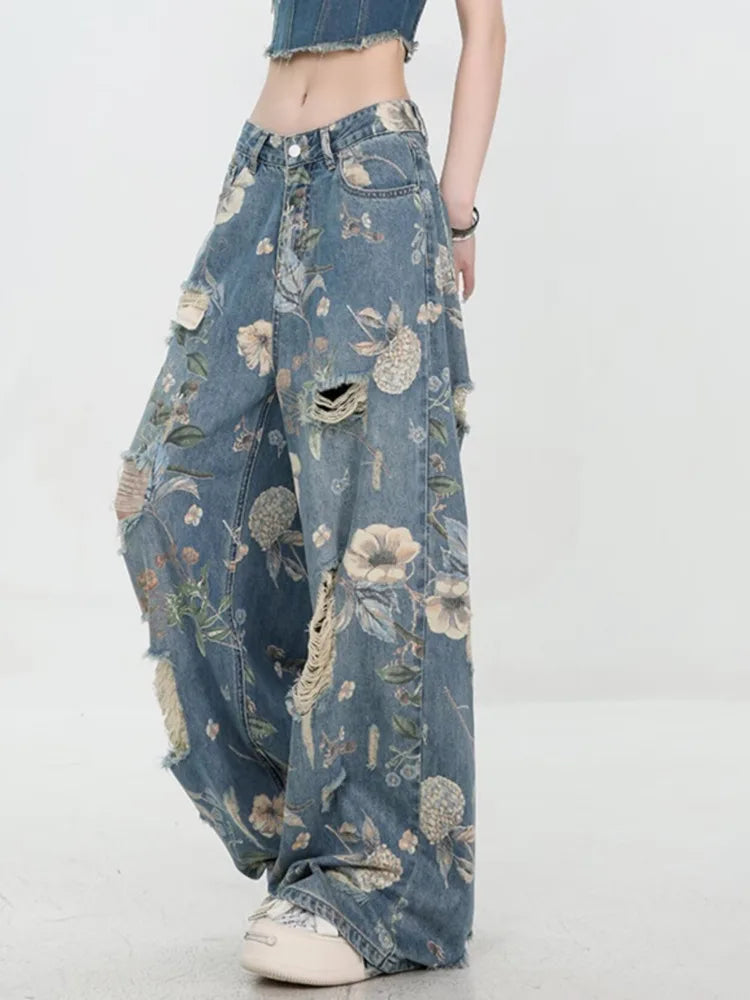American Street Print Jeans For Women Trendy Style Loose And Versatile Floor-length Wide-leg Pants With A Versatile Design