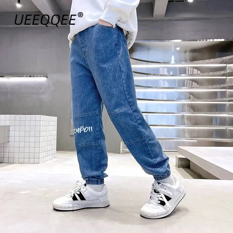 Pantalones vaqueros de primavera y otoño para niños de 4 a 6 años, de algodón con estampado y empalme elástico, pantalones vaqueros coreanos para adolescentes, ropa para niños nueva