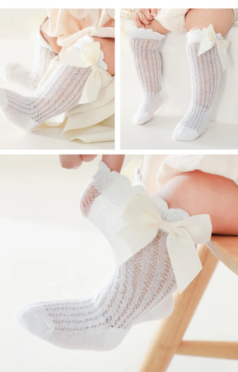 0-2Years Baby Girl Socks with Bow Summer Toddler Baby Cotton Mesh Knee Socks Newborn Infant Non-slip Baby Princess Long Socks