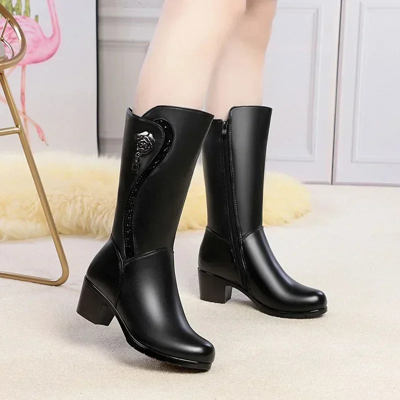 Winter Women's Boots Plush Warm Snow Boots Fashion Mid-calf High Heel Boots for Women High-quality Leather Boot Botas Mujer