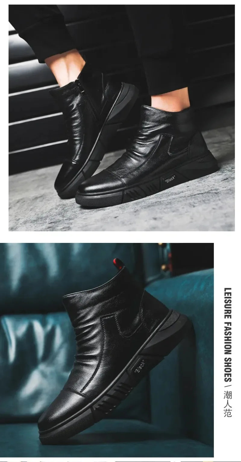 Bottes en cuir tendance pour hommes, bottes d'hiver chaudes et chaudes, chaussures en coton, bottes montantes décontractées en cuir, style britannique, chaussures pour hommes