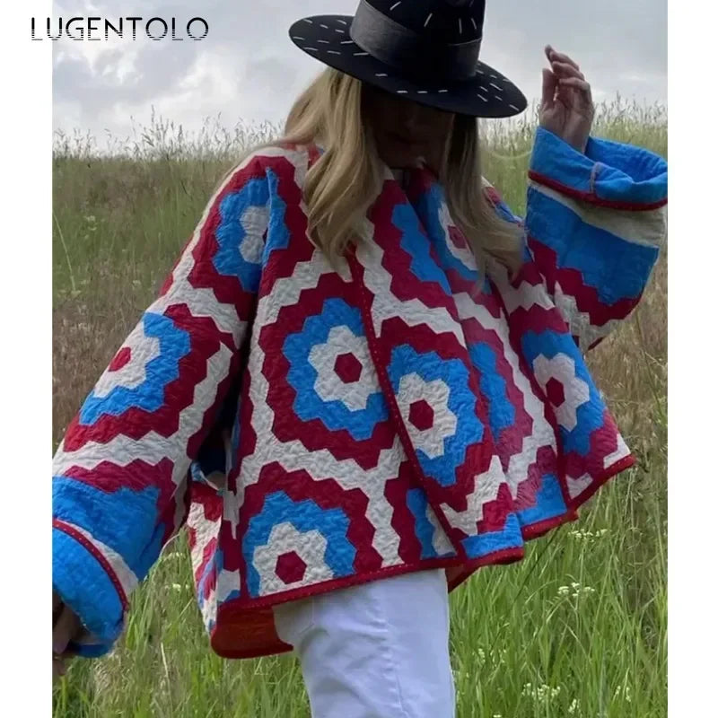 Women Casual Parka Fall-Winter 2024 Fashion Geometric Print Spliced Jacket Vintage Lapel Kimono Cardigan Elegant Thermal Tops