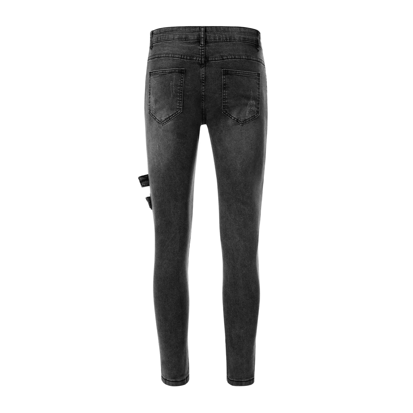 2025 New Men Slim Biker Ripped Long Denim Trousers Skinny Jeans Side Straps Zips Male Jogging Pants Destroyed Stretchy Pants