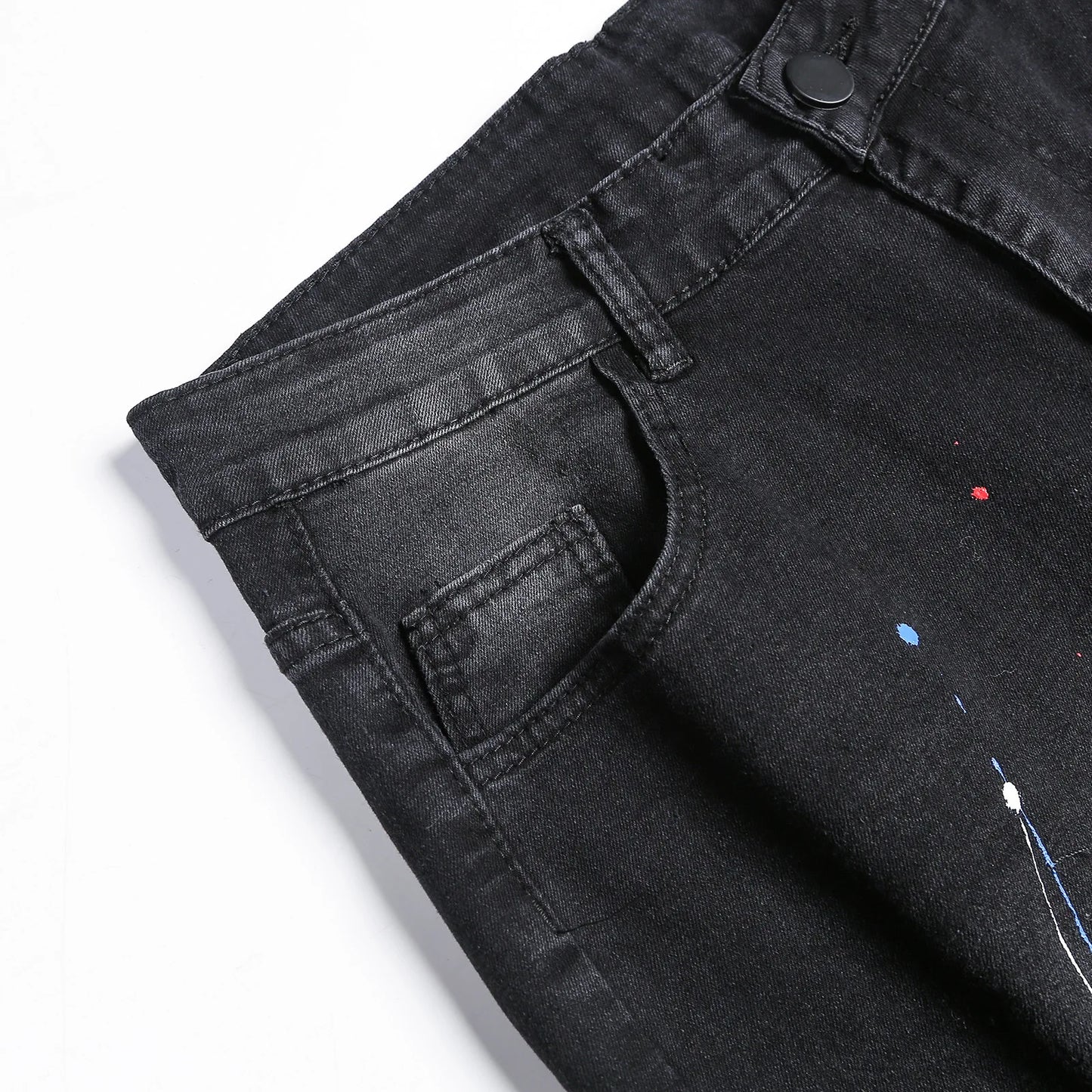 New Jeans Paint For Men Spring Summer Fashion Men Wash Worn Holes Patch Paint printing micro-bullet Small Feet Black Male Denim