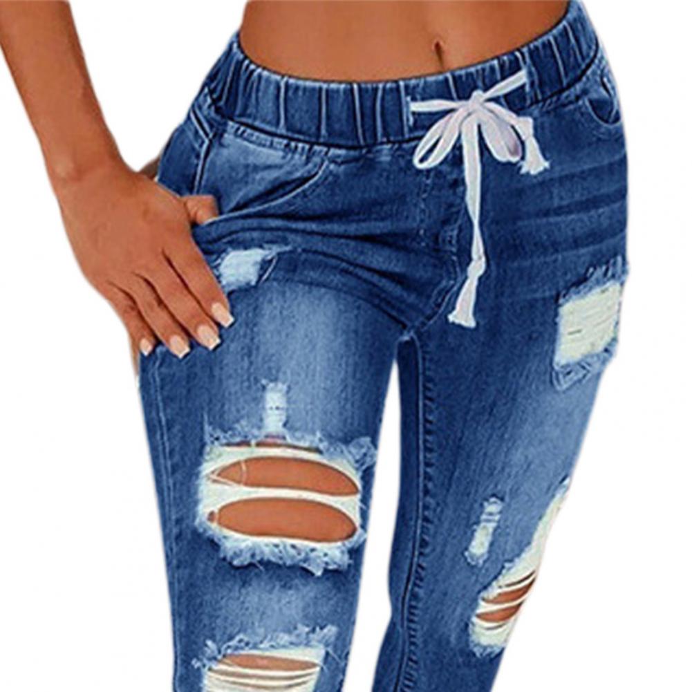 2022 Hot Sale Women Ripped Elastic Waist Jeans Fashion Slim High Stretch Denim Pencil Pants Large Size Trousers S-5XL Drop Ship