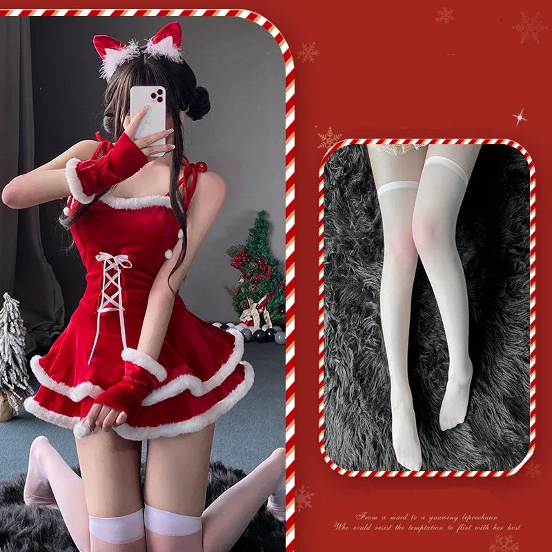[You're My Secret] Christmas Dress Suit Women Xmas Cosplay Costume Red Suit Party Rabbit Ears Hooded Shawl Christmas Girl Set
