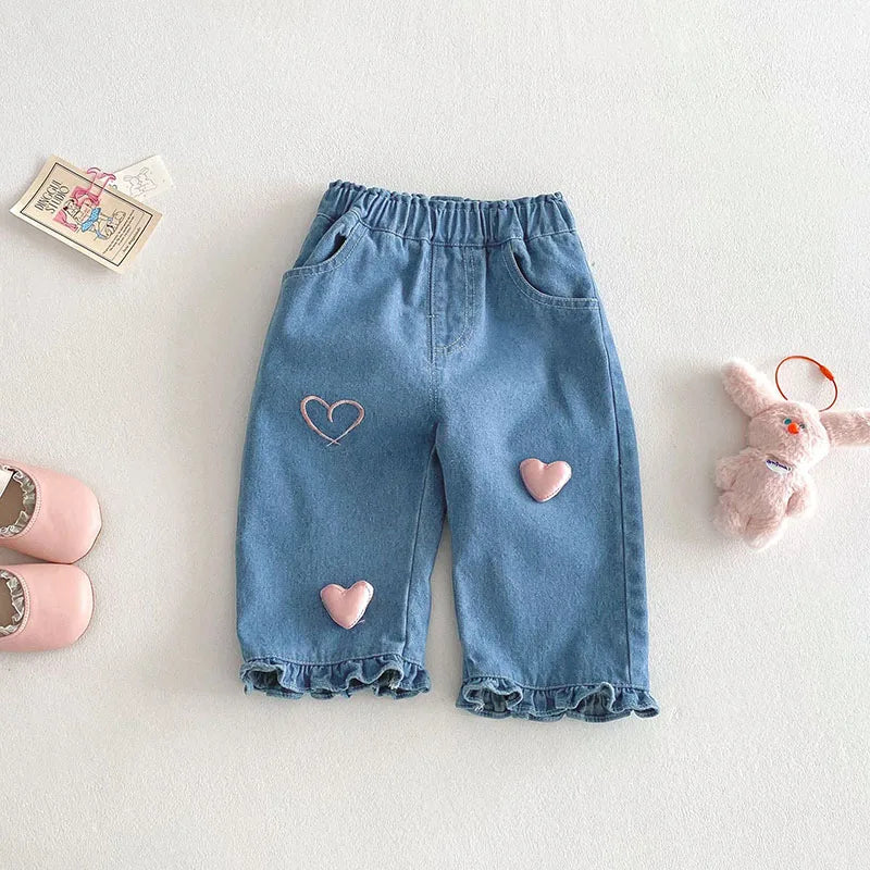 Pantalones vaqueros de estilo coreano para niñas de 0 a 5 años, con dobladillo con volantes y cintura elástica, primavera 2025