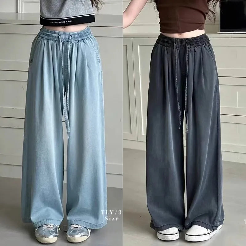Hot sales Girls Summer Thin Jeans 2025 New Style Lyocell Cotton Straight Leg Jeans Big Kids Wide Leg Long Trousers