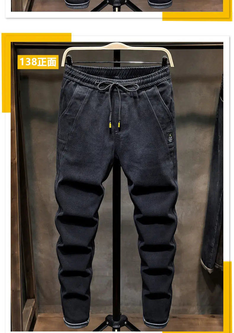 Spring Autumn 2022 New Drawstring Elastic Waist Denim Jeans Men's Slim Feet Pants Korean Fashion Casual Pants Harem Baggy Jeans