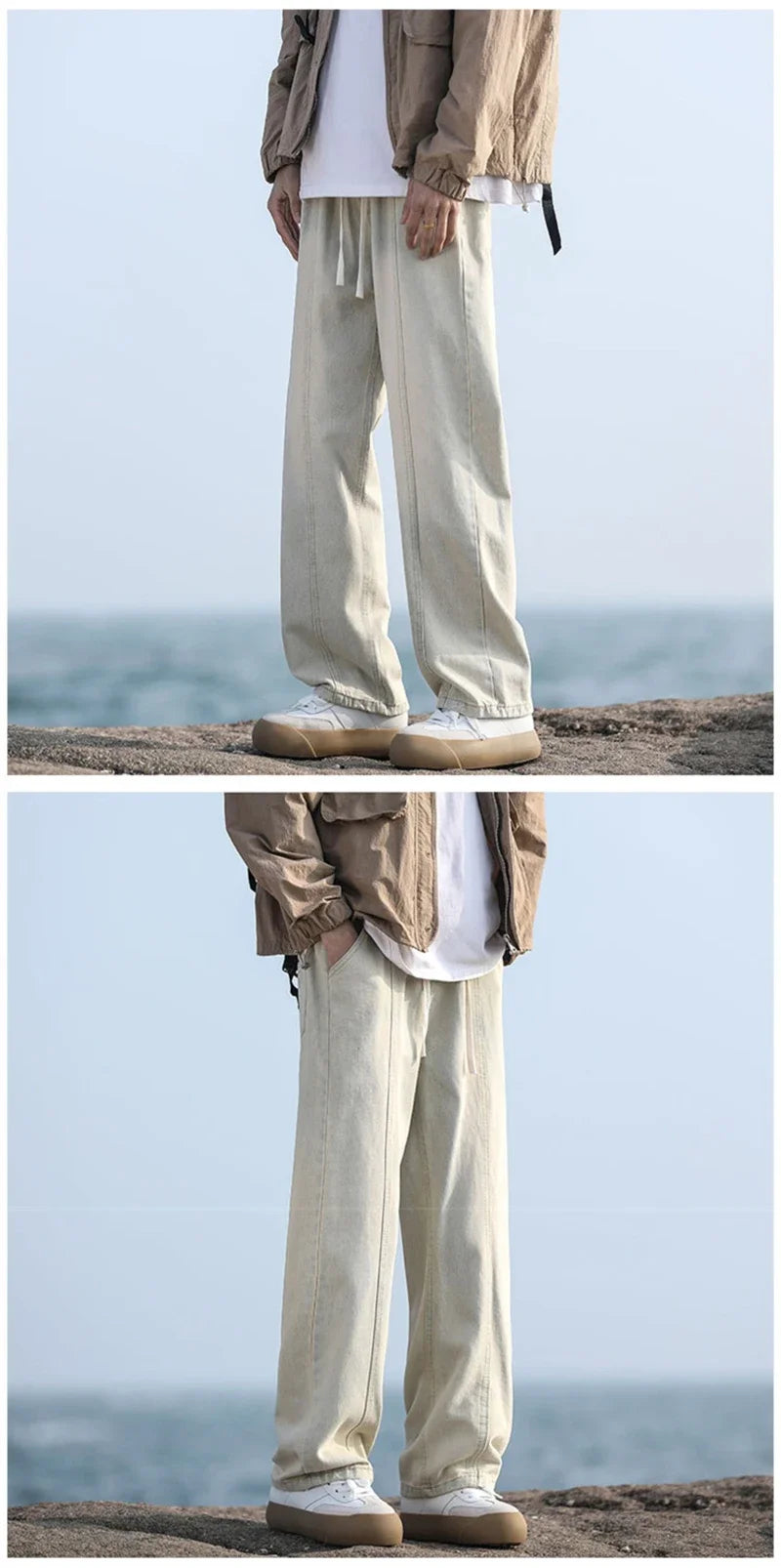 New Korean Fashion Baggy Jeans For Men Classic Drawstring Straight Denim Pants Y2K Vintage Jean Streetwear Wide-leg Trousers