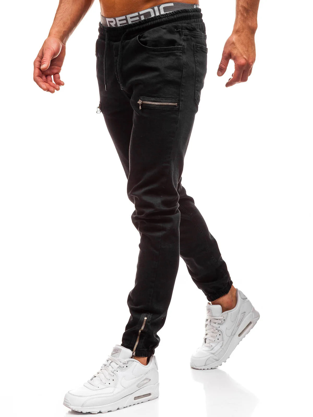 Jeans Men Casual Drawstring Elastic Waist Denim Skinny Trousers Pencil Pants Vintage Streetwear Washed Ankle Length Denims