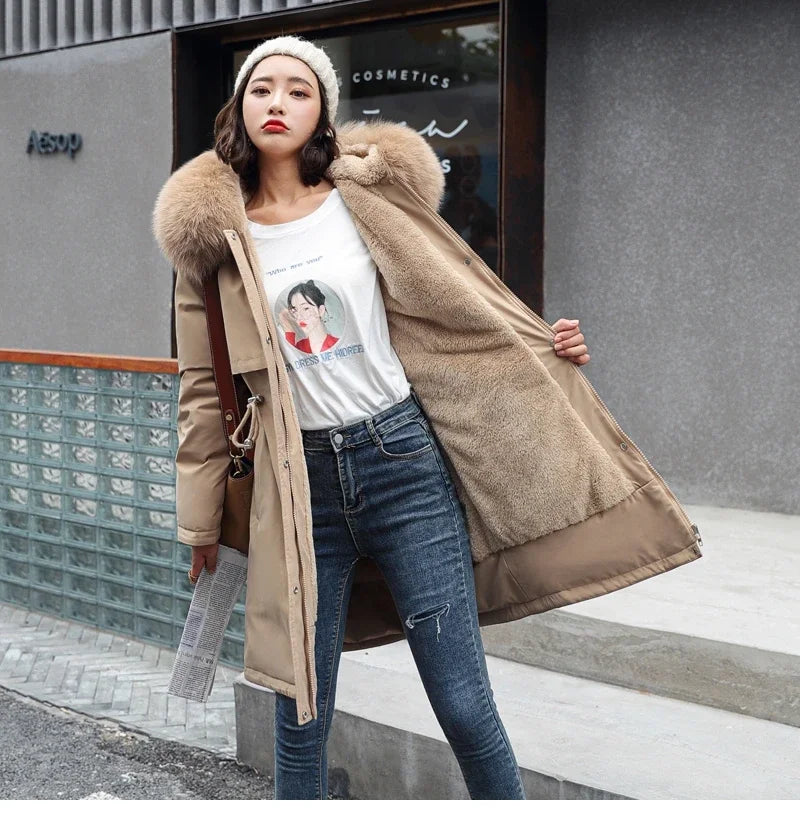 Cotton Liner Parker Women Long Coat Parka Coats Adjustable Waist Fur Collar Winter Jacket Coat Medium Long Hooded Parka Jackets