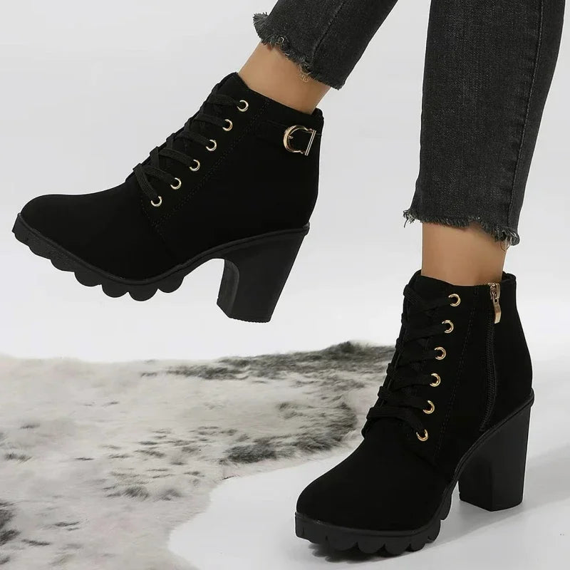 Women Boots Lace Up Ankle Boots Spring Fashion Outdoor Pumps Boots Black Buckle High Heel Boot Plus Size Platform Women Shoes
