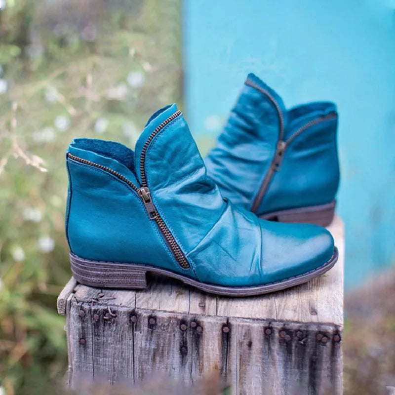 Botas cortas con cremallera de doble cara y tacón cuadrado redondo de estilo europeo y americano para mujer, talla grande, otoño/invierno