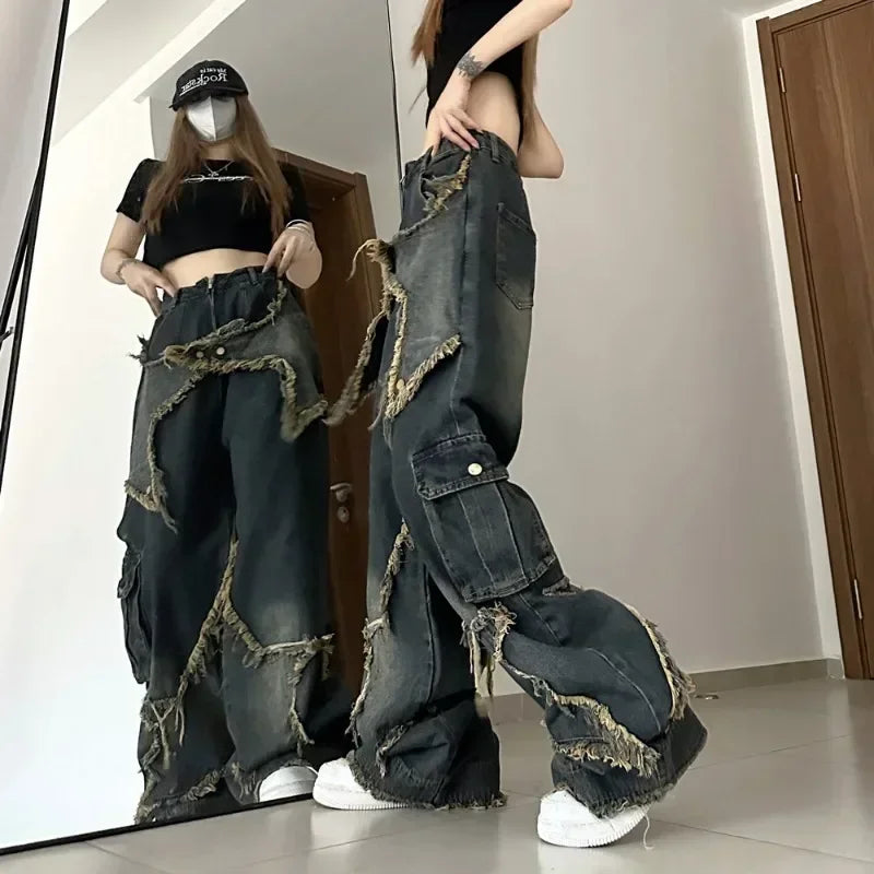 Pantalones vaqueros de estilo retro americano con borlas y costuras de estrella para mujer, pantalones holgados de pierna ancha, pantalones punk Y2K de moda