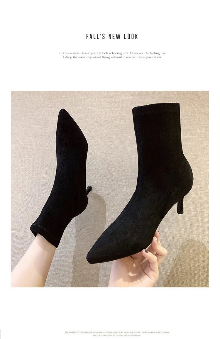 5/7/9CM Luxury Women Black Flock Sock Boots Stiletto Thin High Heels Elastic Knitting Boots Winter Stretch Fabric Ankle Boots