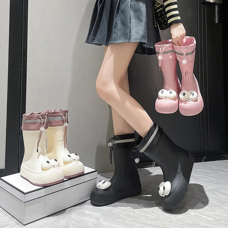 Botas de lluvia para mujer, impermeables, ligeras, con ojales grandes y asas fáciles de poner, resistentes al agua, de altura media.