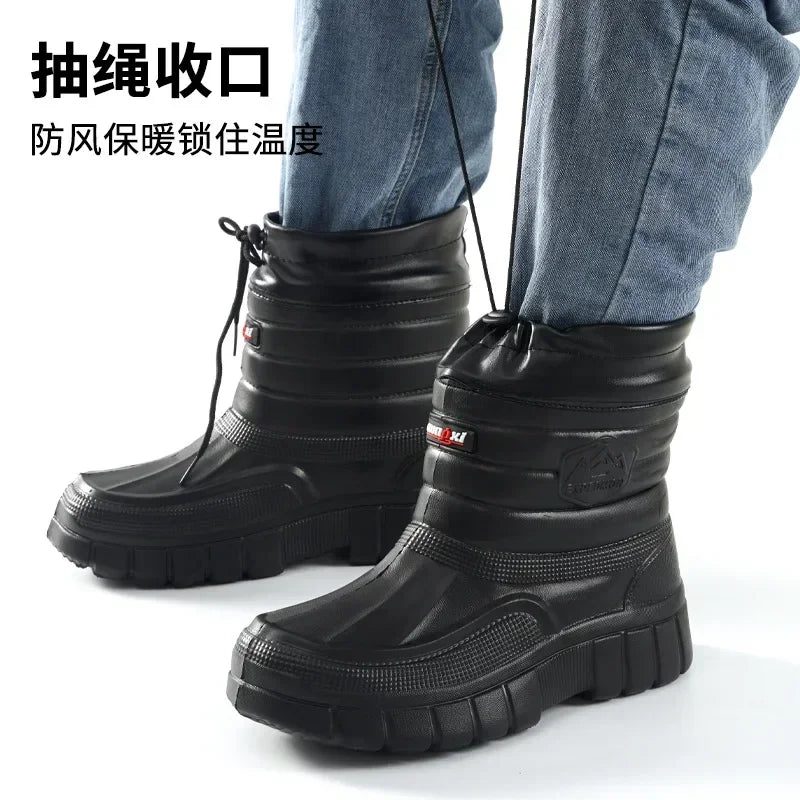 Winter Rain Boots Men Windproof Work Shoes Ankle EVA Rainboots Plush Warm Lightweight Black Slip On Anti-slip Wear-resistant