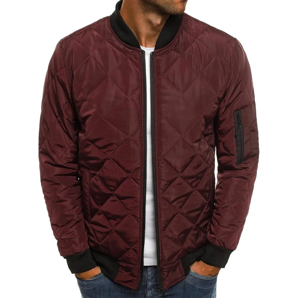 Men's Solid Color Diamond Check Seaming Thickened Standing Collar Cotton-padded Jacket, Winter New Casual Warm Zipper Jacket