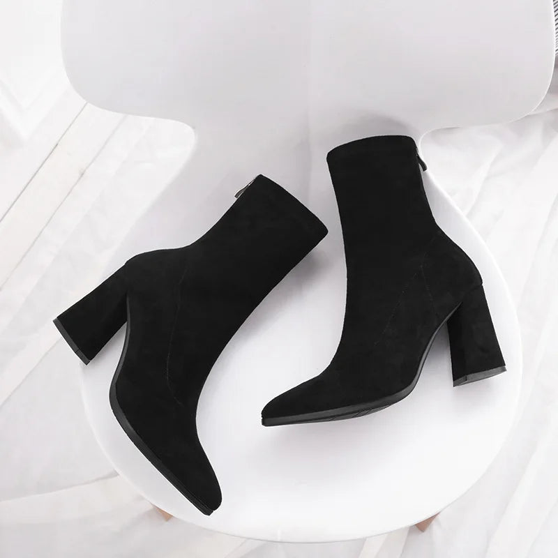 Ankle Chunky High Heel Sock Chelsea Boots Women Autumn Fashion Pointed Frosted Suede Short Boots Female Pumps Sexy Warm Boots