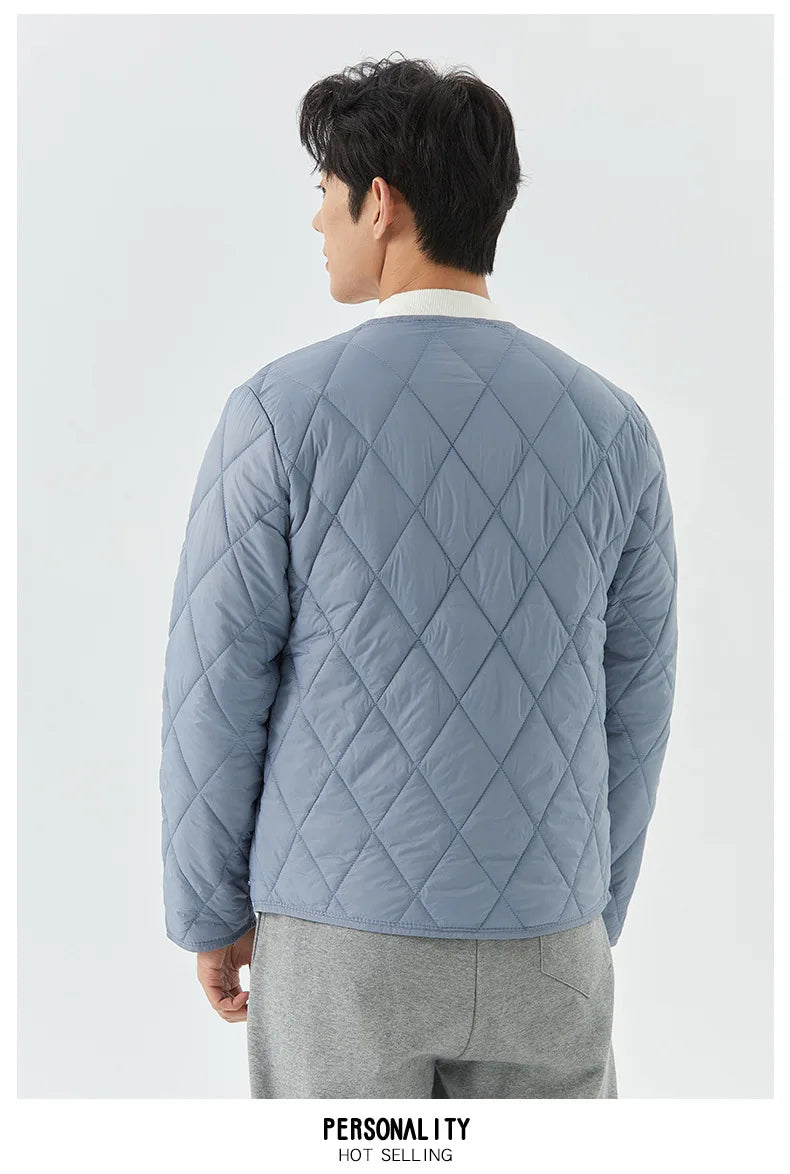 Men's Winter New Lightweight Single-breasted Padded Jacket with Pockets, Young Man Solid Color Argyle Casual Warm Padded Jacket