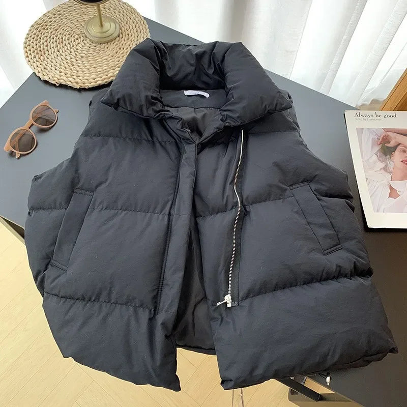 Women Vest Parkas Sleeveless Solid Jackets Zipper Splice Thick Vests Pockets Stand Collar Coats Warm Elegant Lady Parka